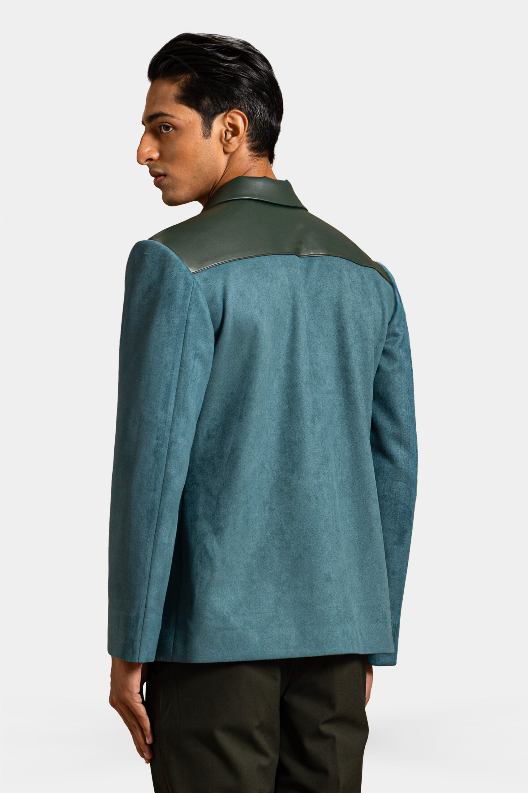 Atelier suede jacket — Modern designer jacket made from luxury suede for contemporary men's fashion. Shubham Shinde Menswear.
