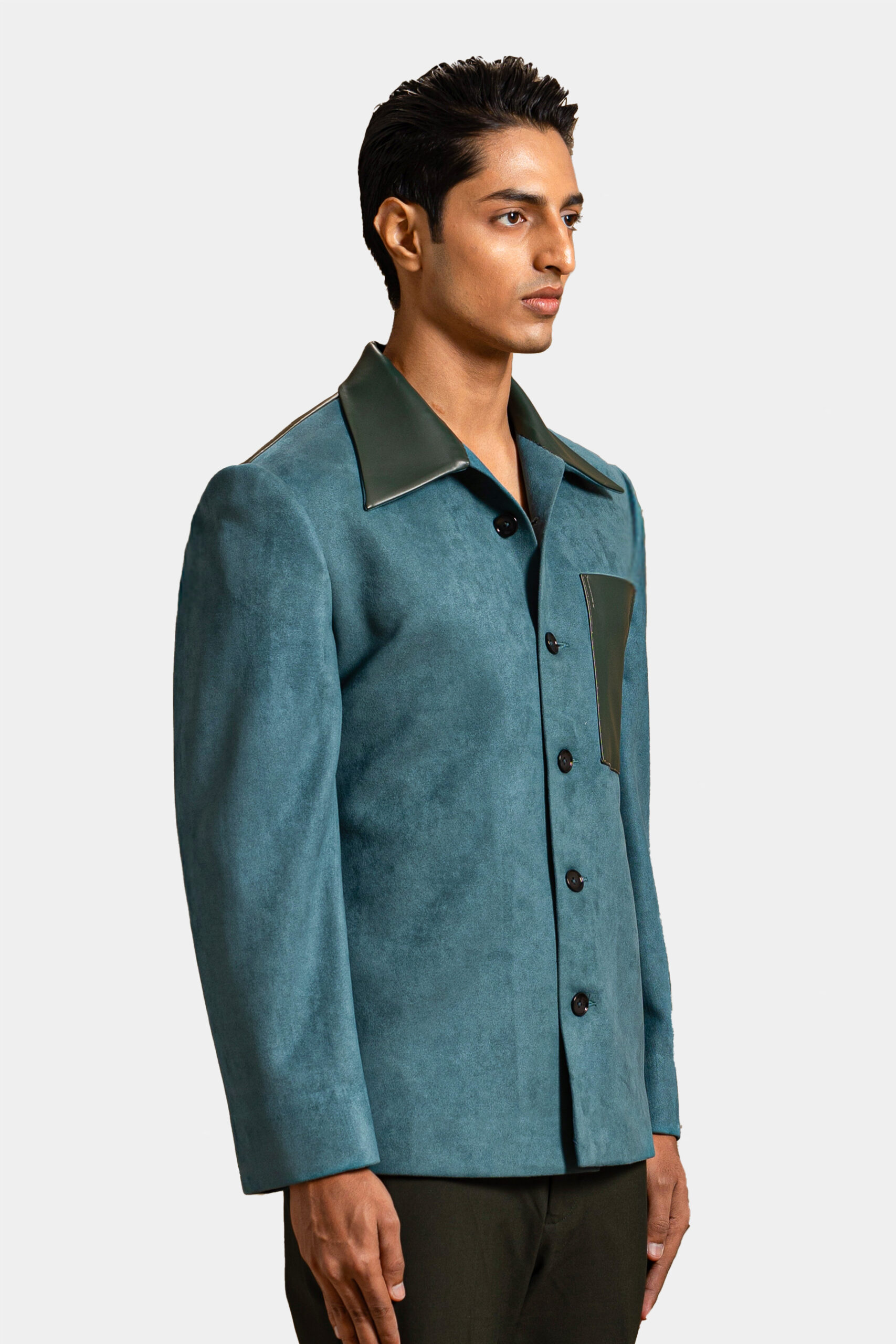Atelier suede jacket — Modern designer jacket made from luxury suede for contemporary men's fashion. Shubham Shinde Menswear.