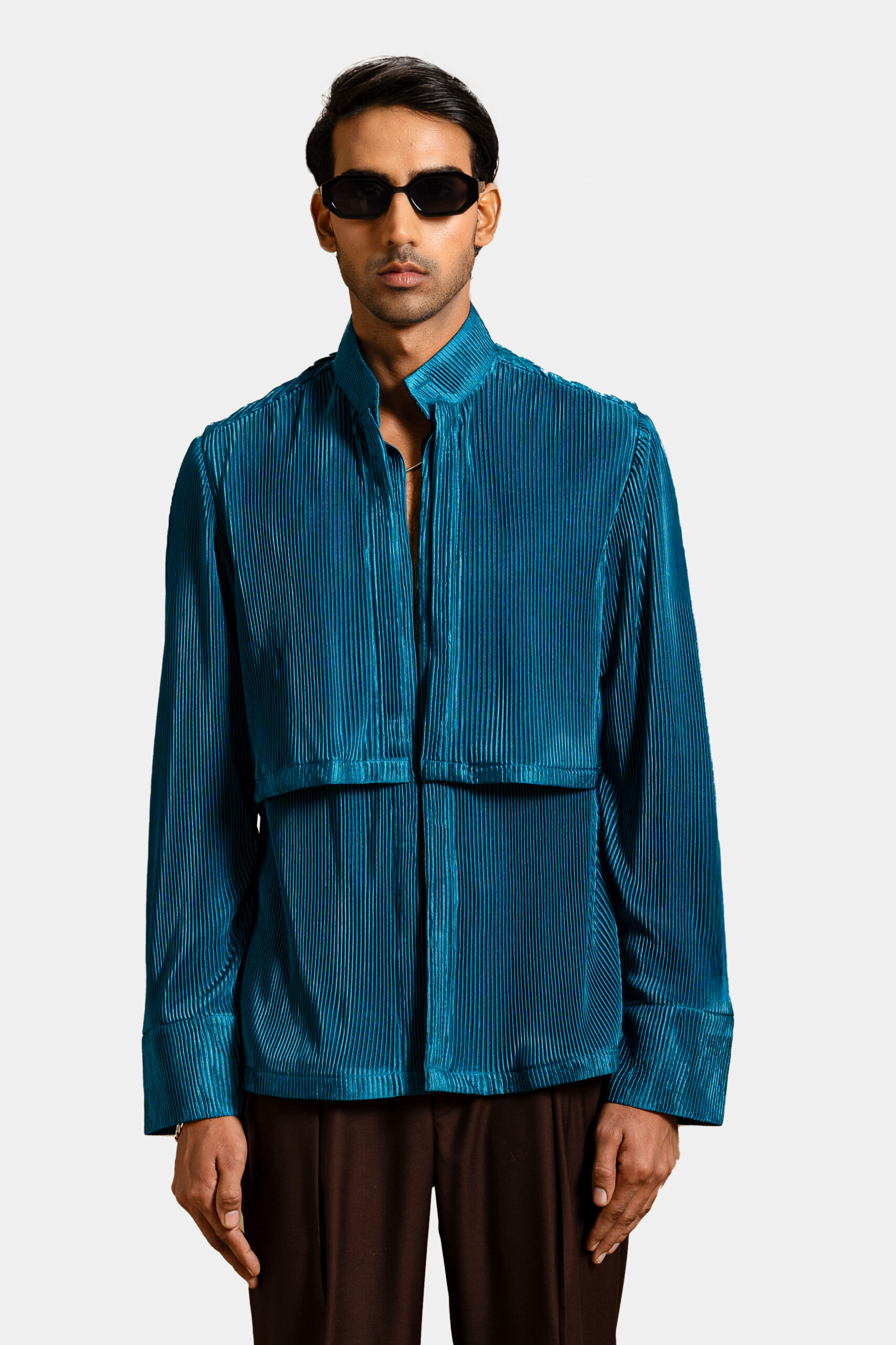 Teal pleated shirt with modern design — Shubham Shinde Menswear luxury men's shirt for contemporary style.