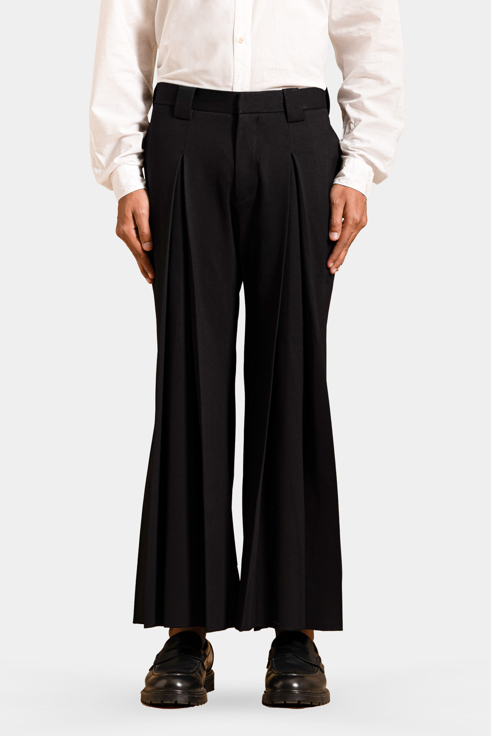 Boheme four-way stretch trousers with modern front and back pleats — Shubham Shinde Menswear luxury modern trousers.