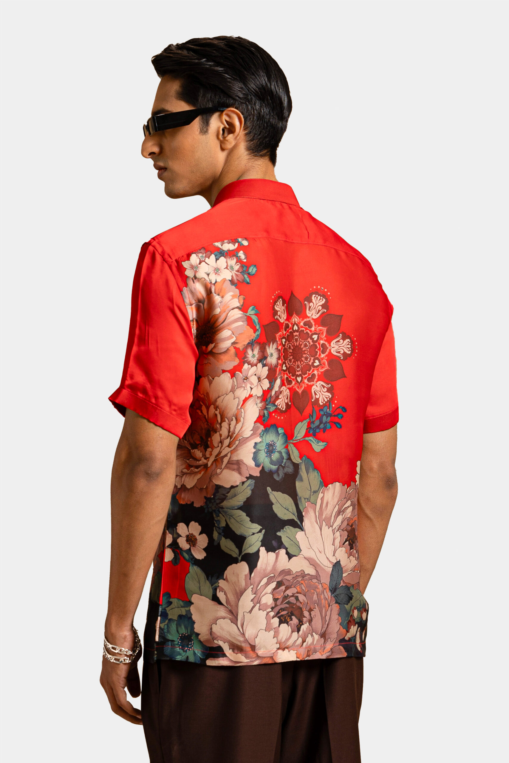 Floraison printed shirt in red silk satin with Japanese floral design — Shubham Shinde Menswear luxury men's shirt with floral prints.