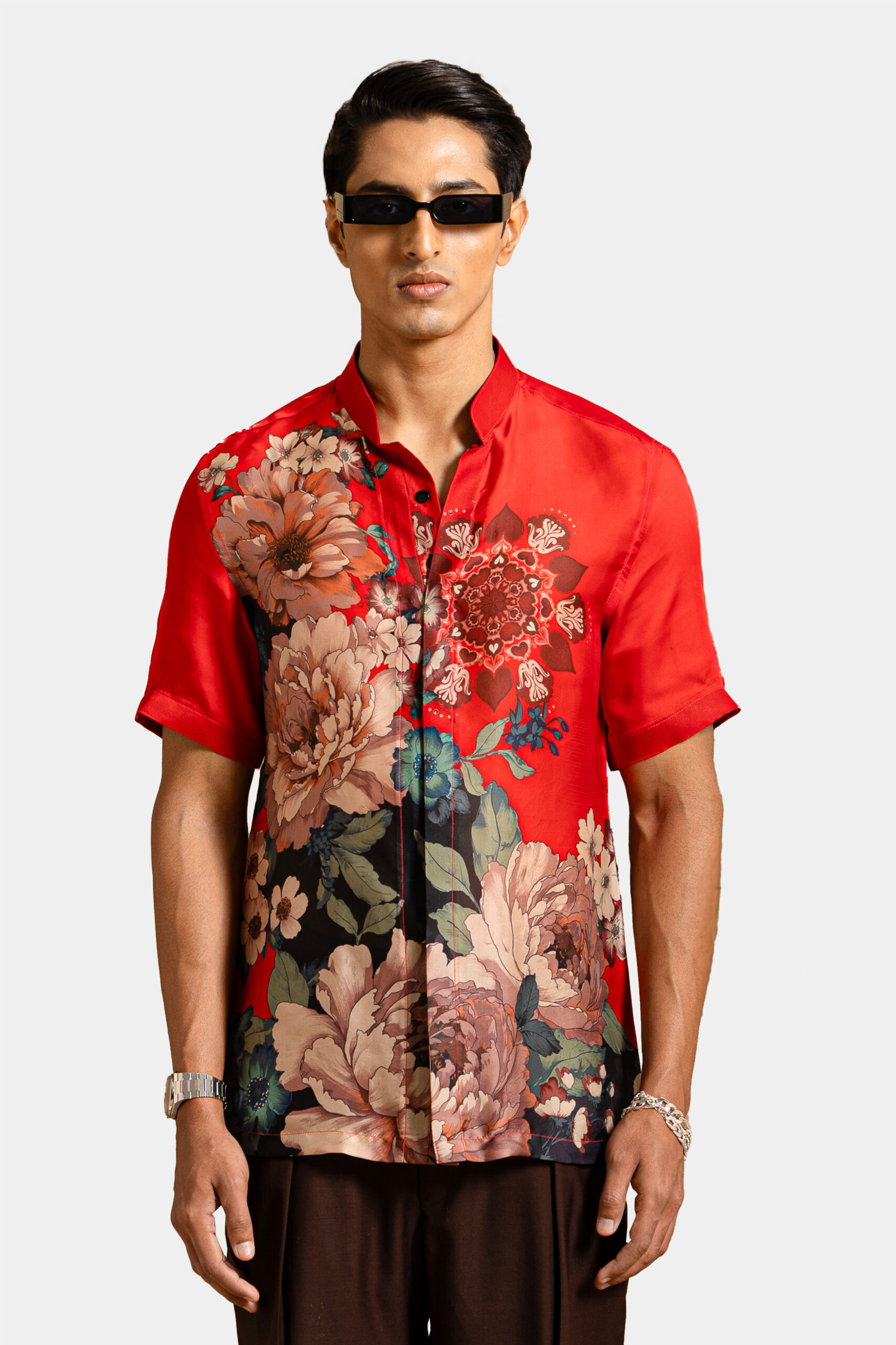 Floraison printed shirt in red silk satin with Japanese floral design — Shubham Shinde Menswear luxury men's shirt with floral prints.