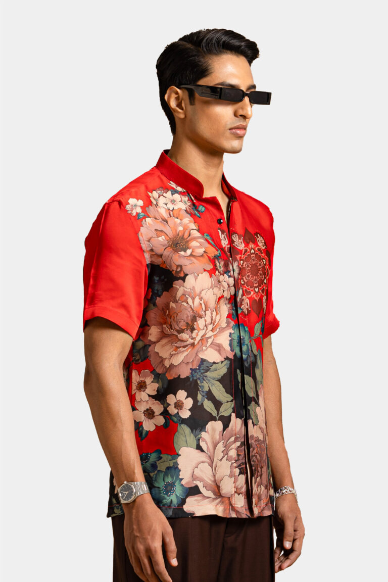 Floraison printed shirt in red silk satin with Japanese floral design — Shubham Shinde Menswear luxury men's shirt with floral prints.