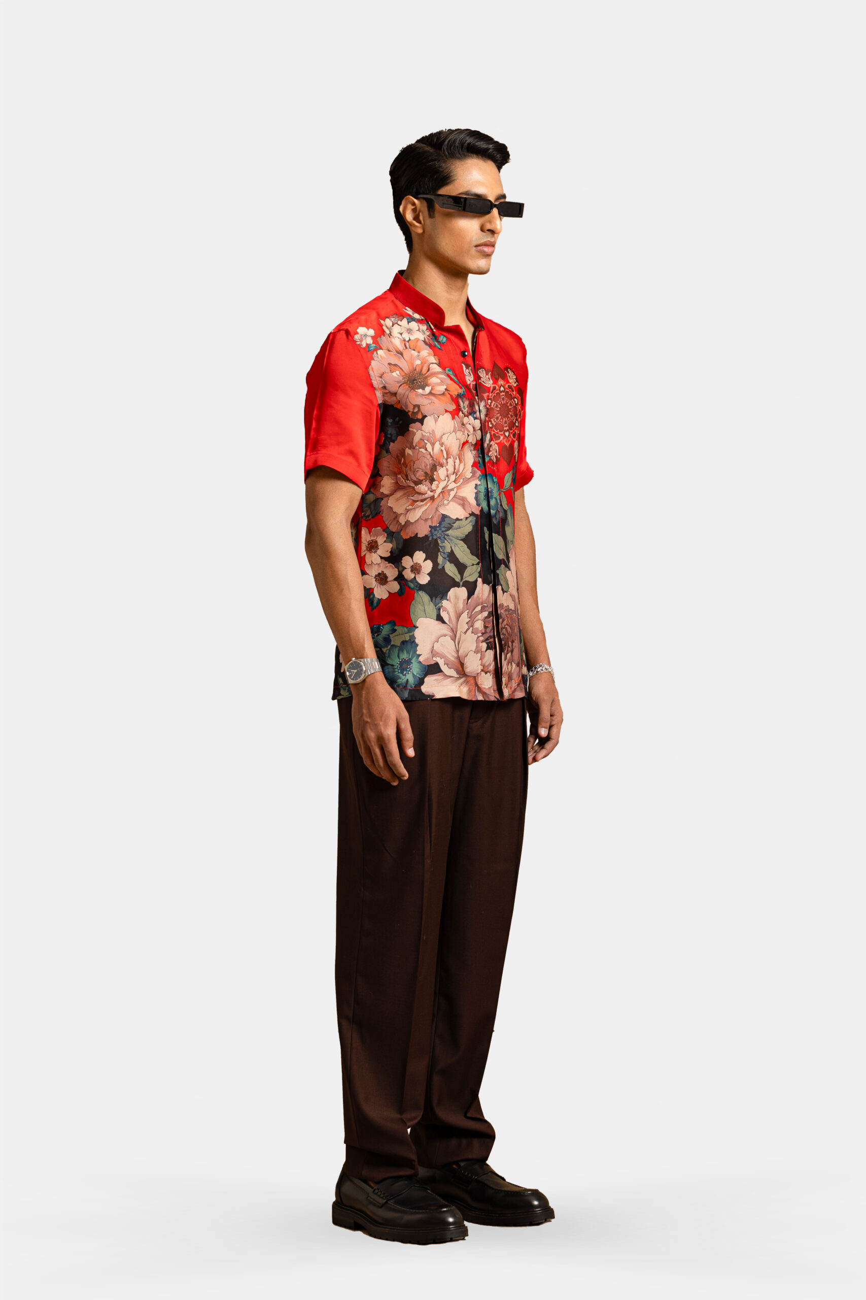Floraison printed shirt in red silk satin with Japanese floral design — Shubham Shinde Menswear luxury men's shirt with floral prints.
