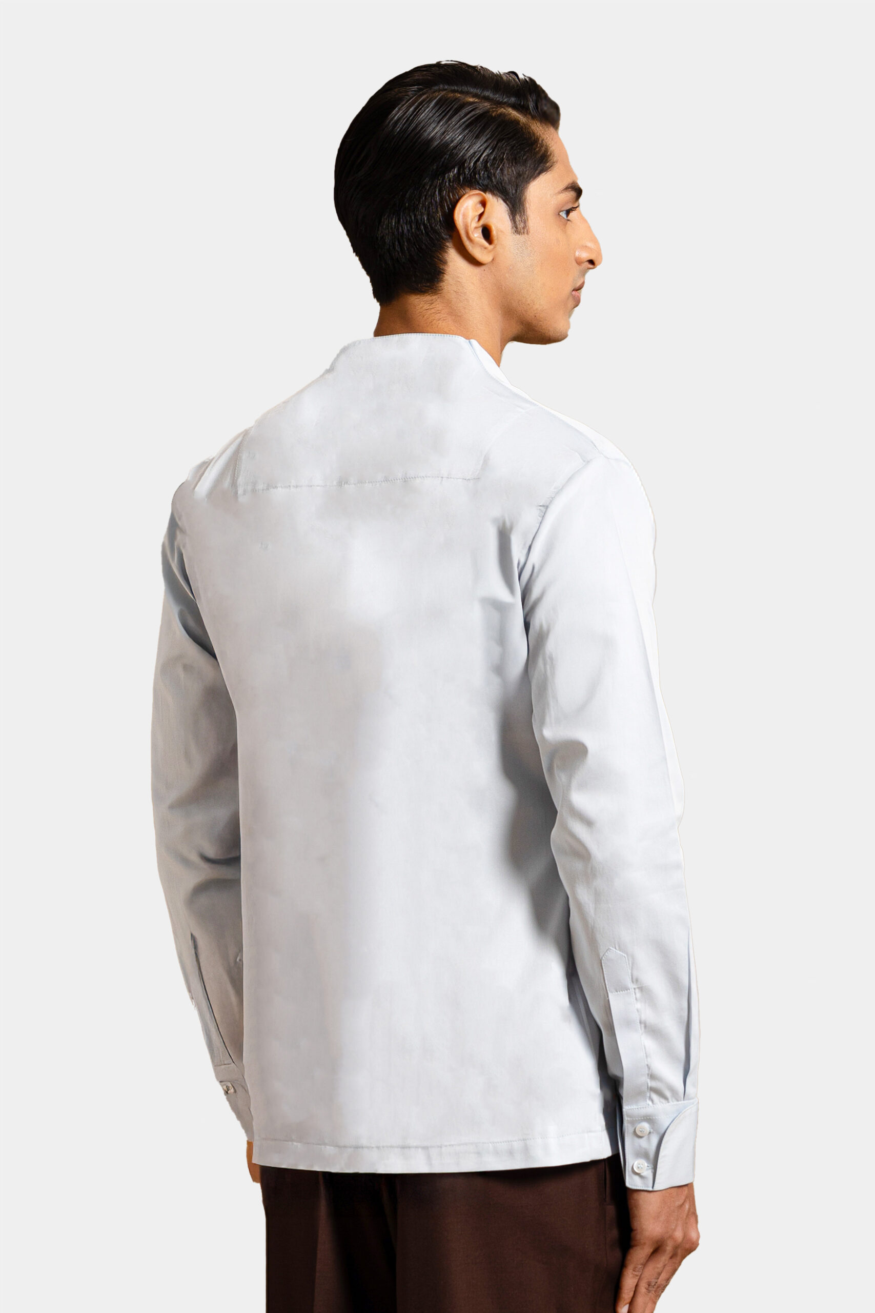 Forme Mandarin collar shirt in light blue with minimalist design — Shubham Shinde Menswear luxury men's shirt.