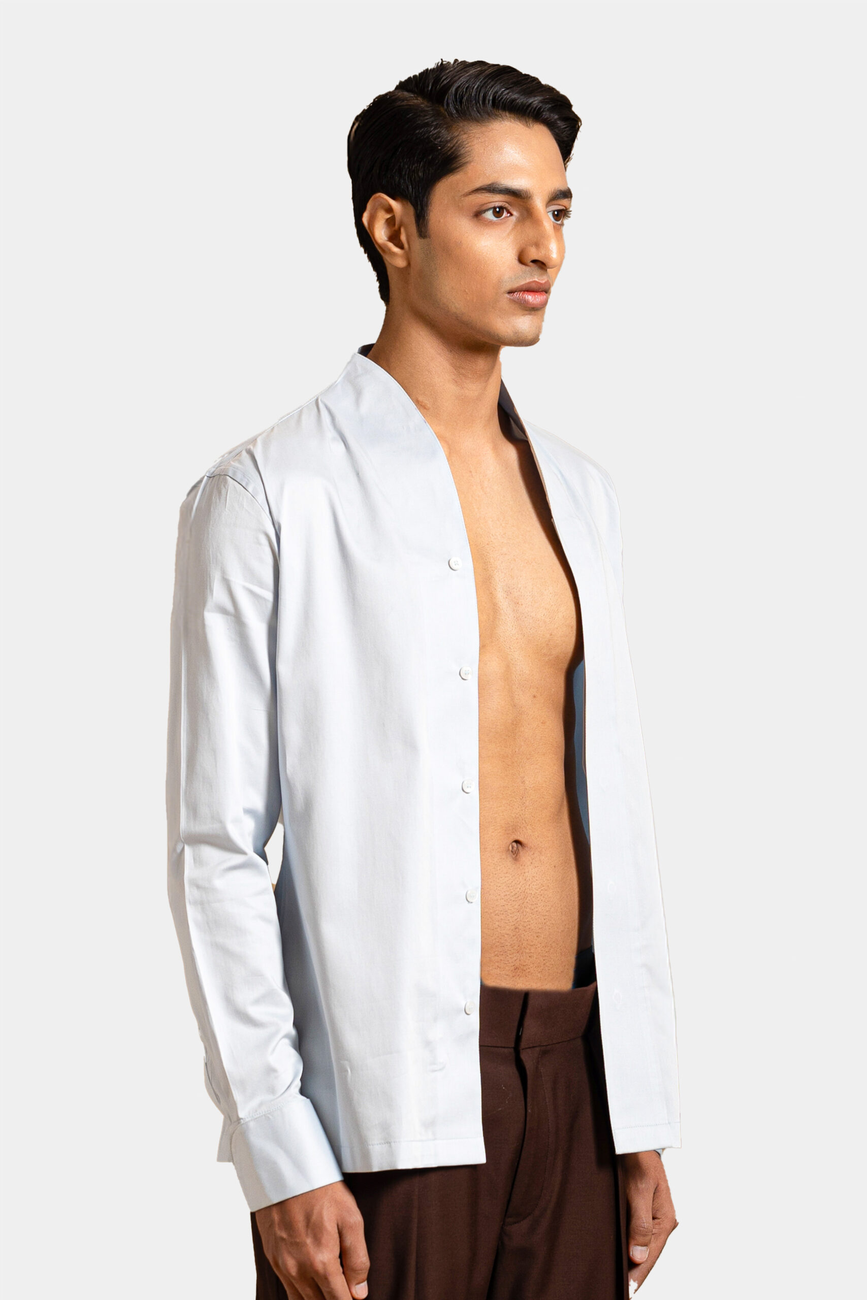 Forme Mandarin collar shirt in light blue with minimalist design — Shubham Shinde Menswear luxury men's shirt.
