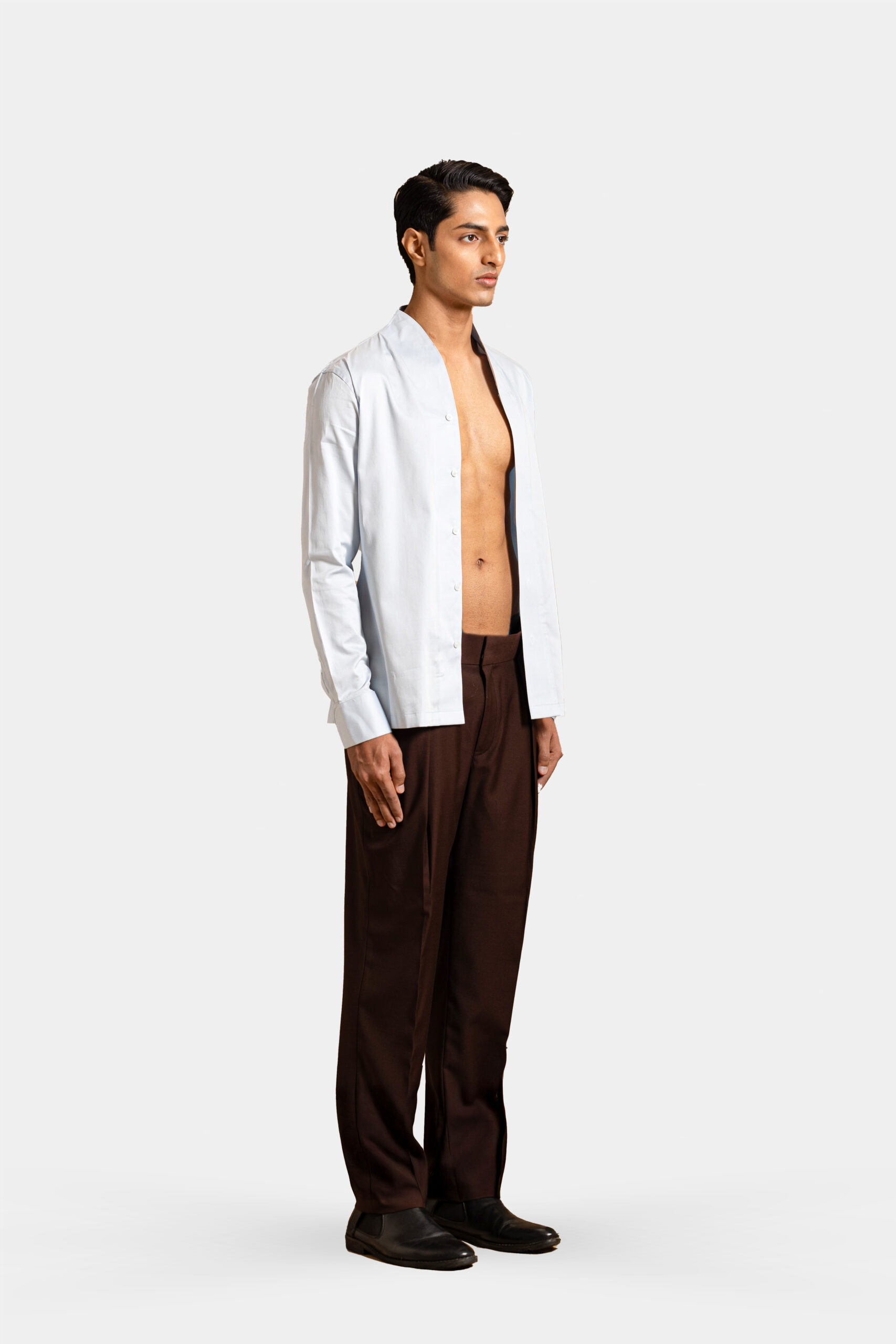 Forme Mandarin collar shirt in light blue with minimalist design — Shubham Shinde Menswear luxury men's shirt.