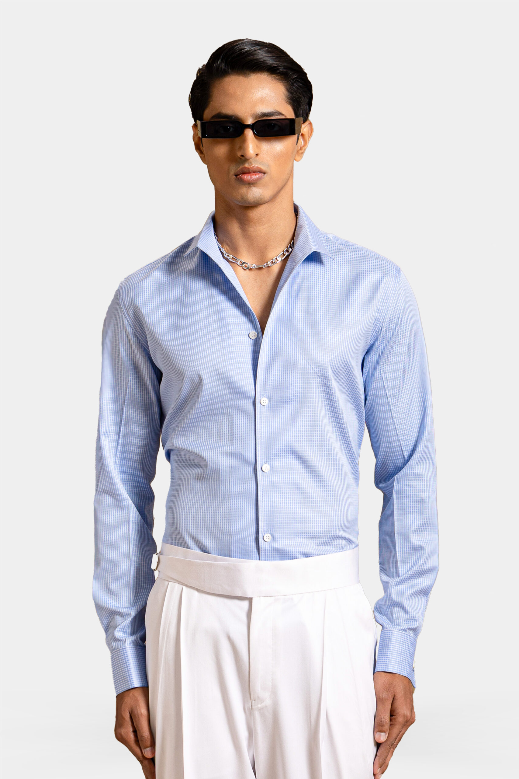 Gatsby blue shirt with vintage classic collar made of Egyptian Super 140s cotton — Shubham Shinde Menswear luxury men's shirt for formal and occasion wear.