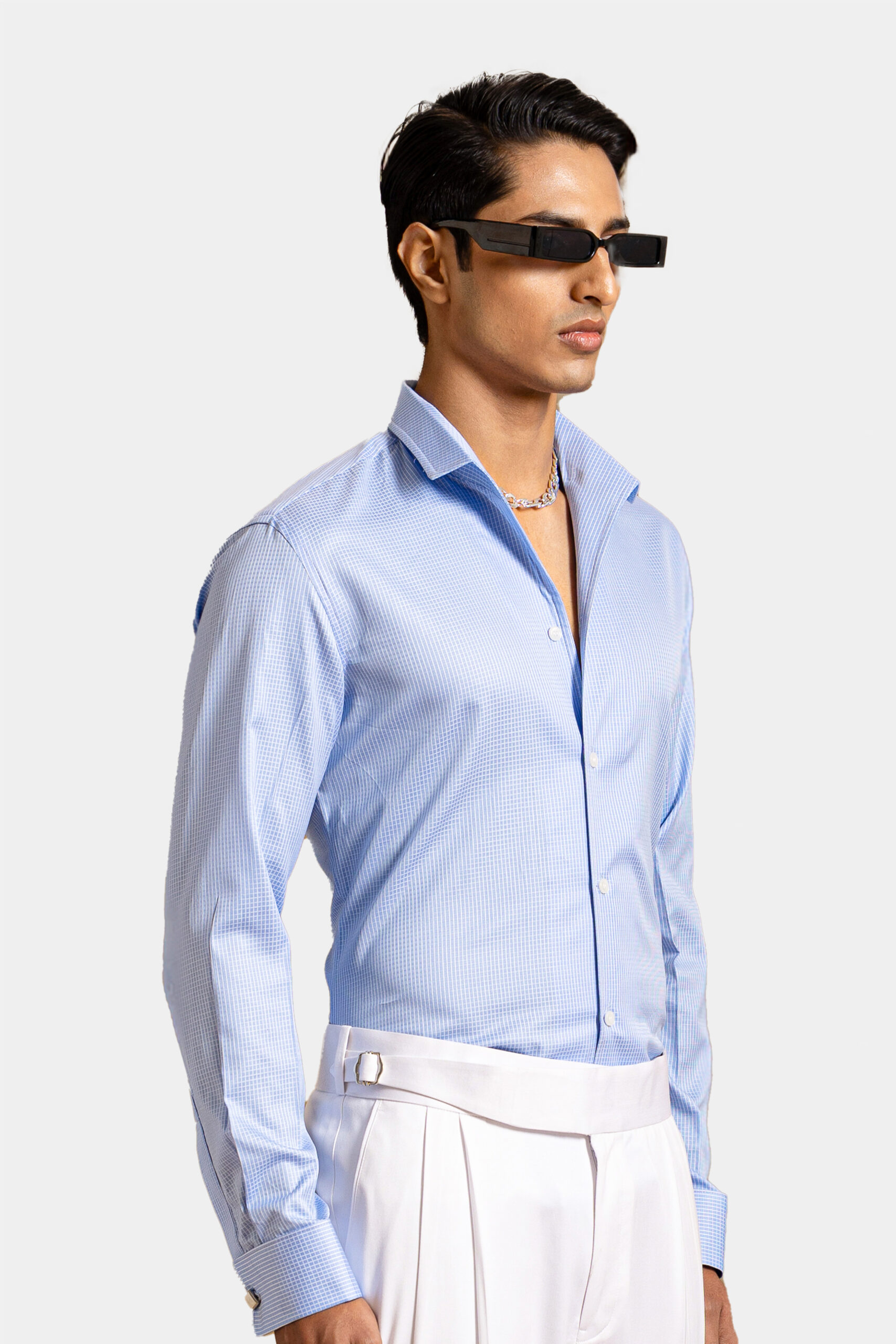 Gatsby blue shirt with vintage classic collar made of Egyptian Super 140s cotton — Shubham Shinde Menswear luxury men's shirt for formal and occasion wear.