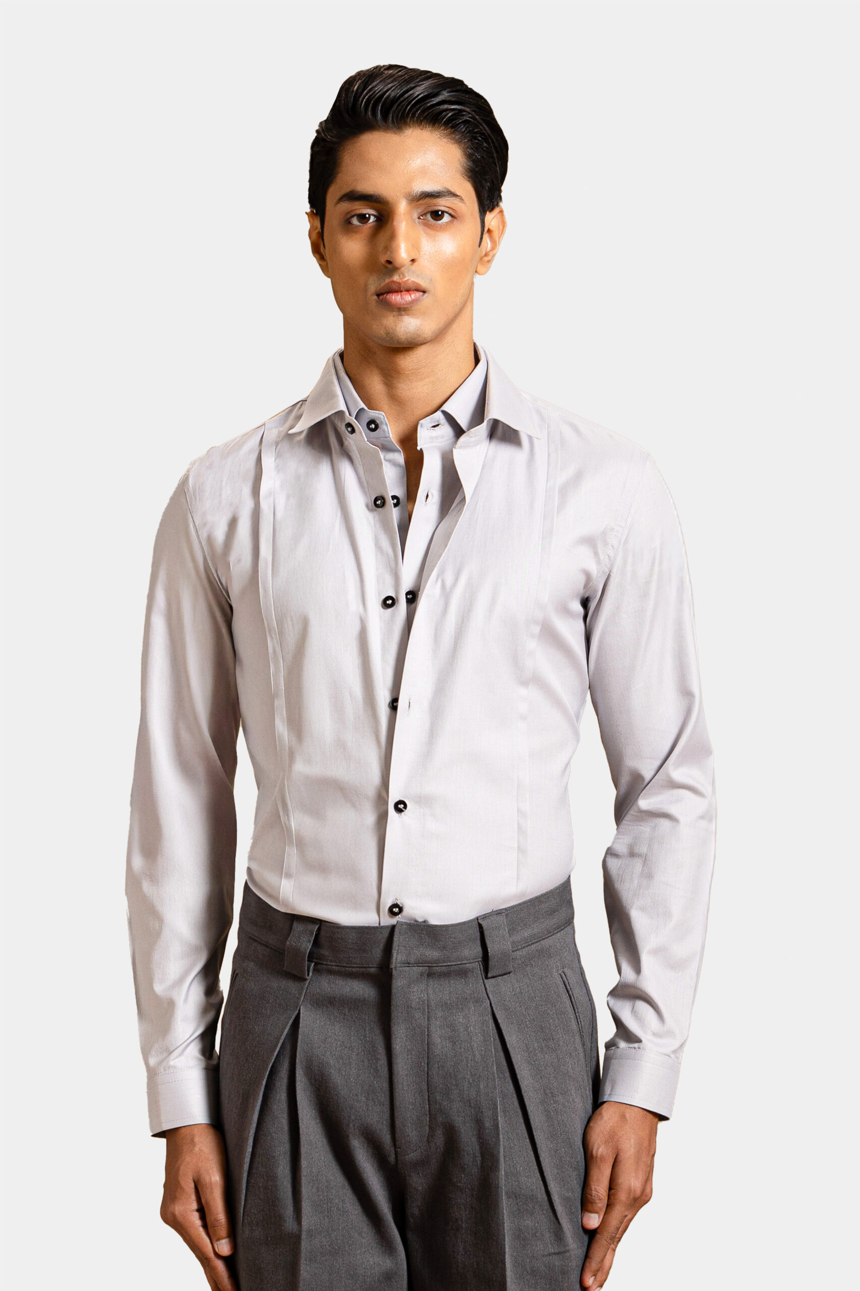 Grey double placket shirt made of Egyptian cotton — Shubham Shinde Menswear luxury men's shirt for formal wear.