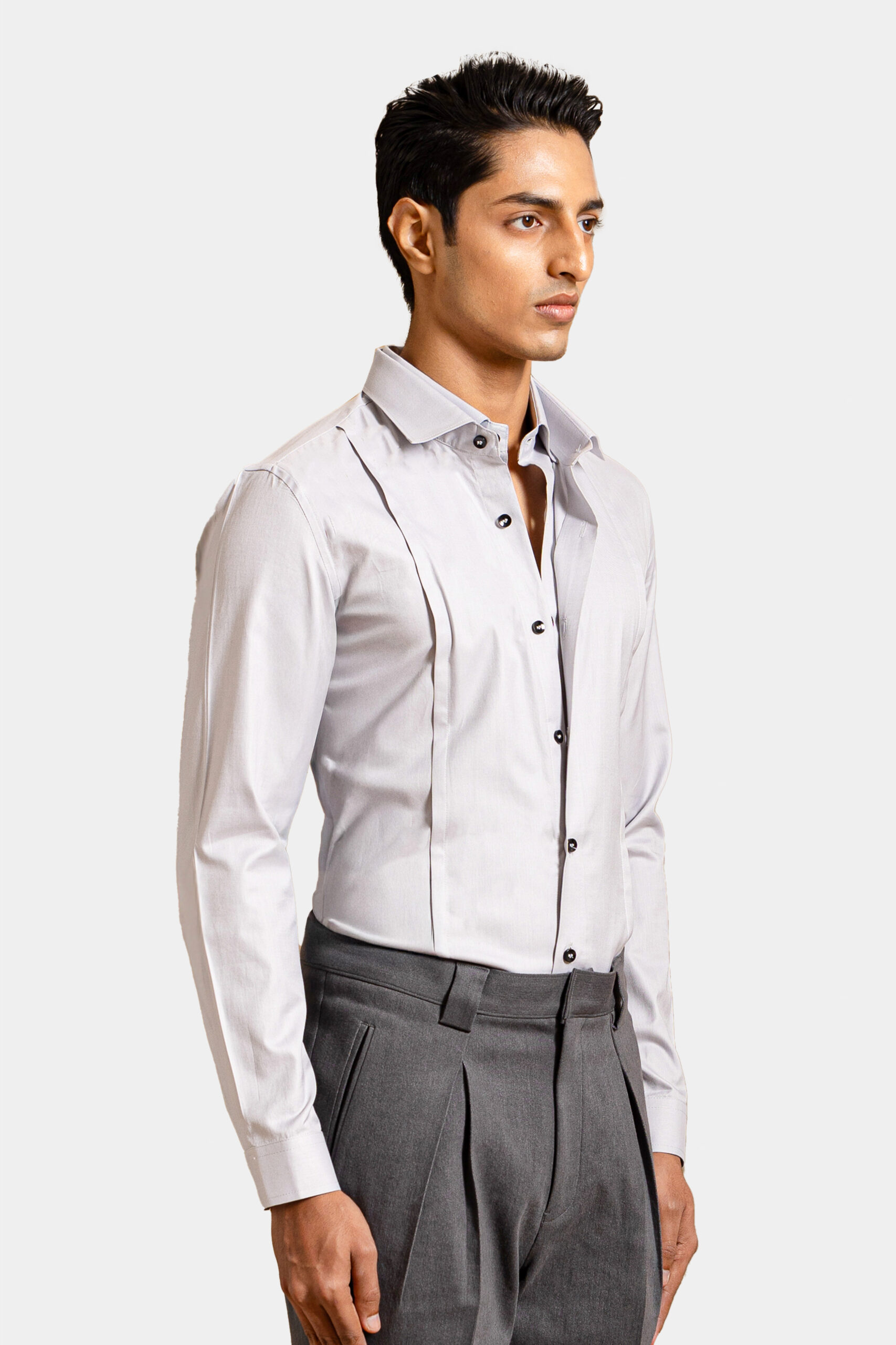 Grey double placket shirt made of Egyptian cotton — Shubham Shinde Menswear luxury men's shirt for formal wear.