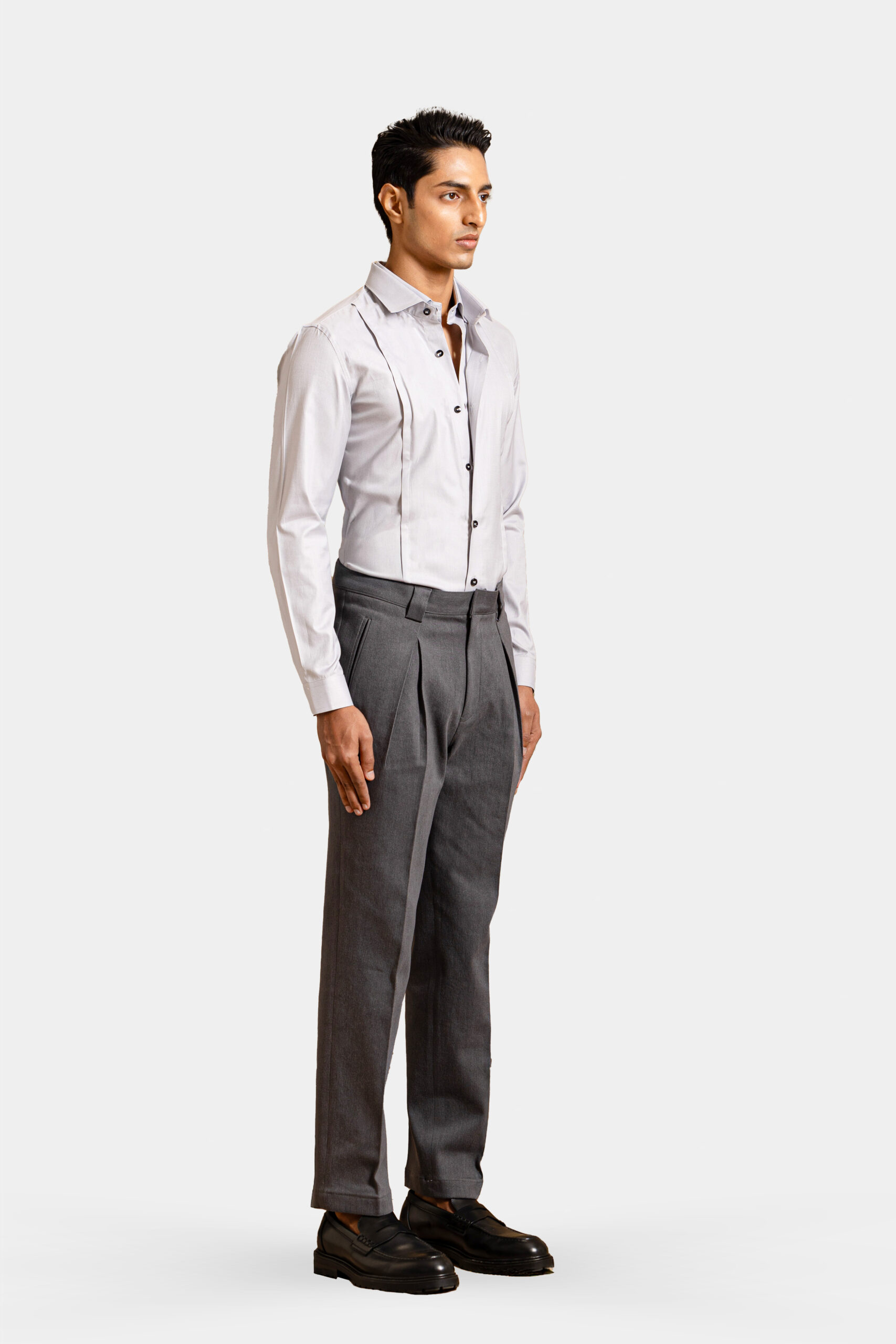 Grey double placket shirt made of Egyptian cotton — Shubham Shinde Menswear luxury men's shirt for formal wear.