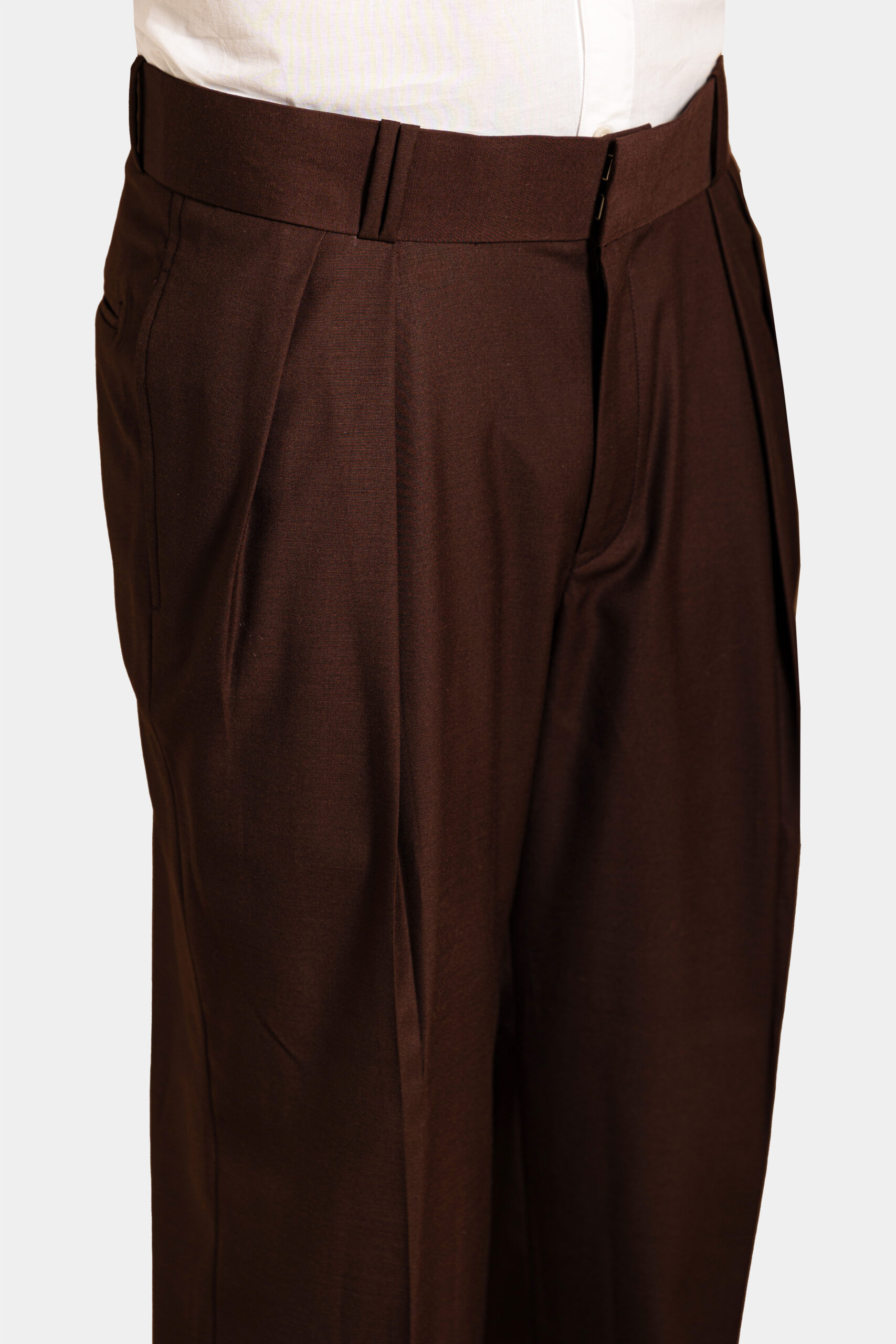 Sartorial brown Super 160s Merino wool trousers with double pleats — Shubham Shinde Menswear luxury formal wool trousers for men.