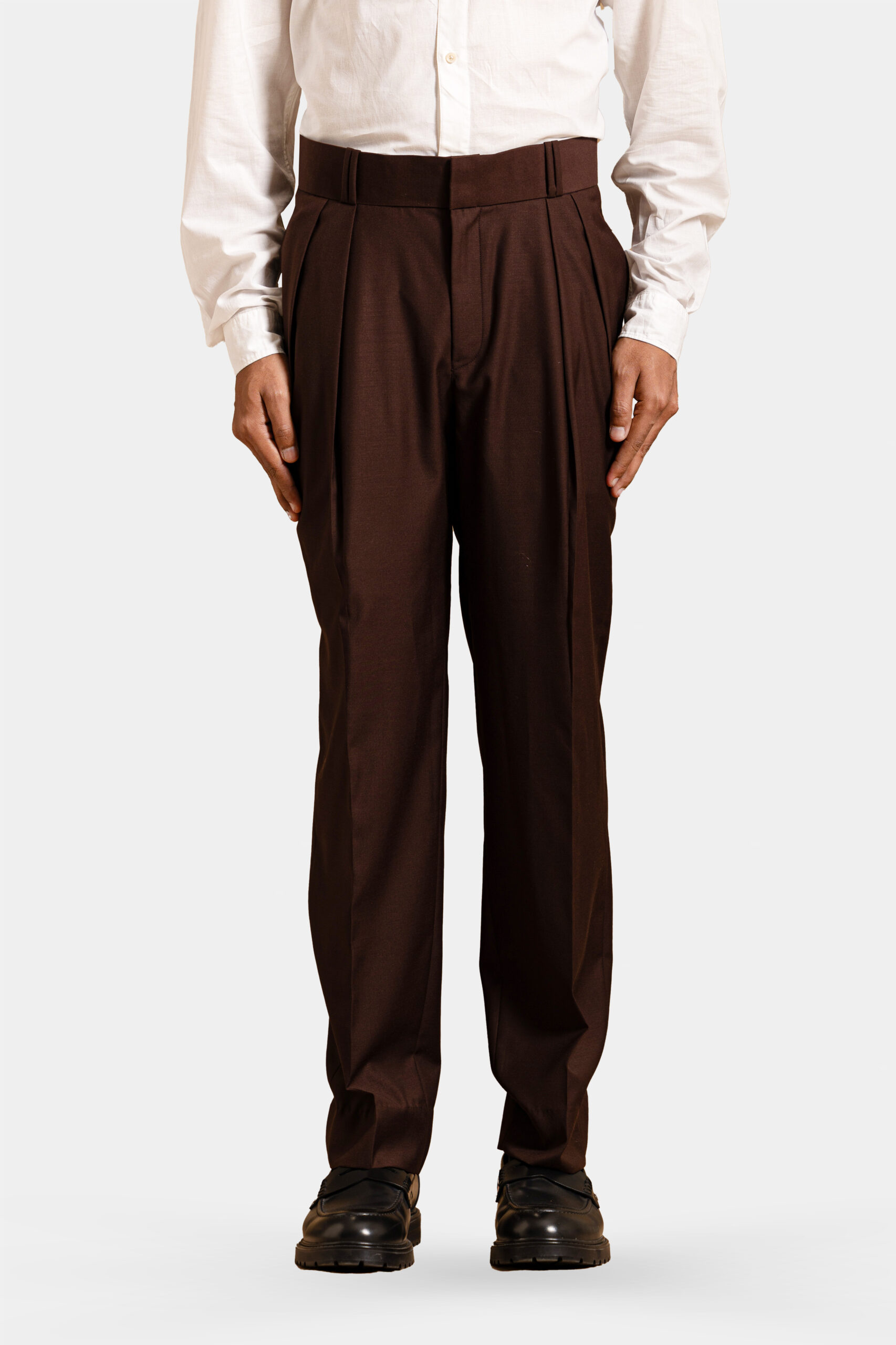 Sartorial brown Super 160s Merino wool trousers with double pleats — Shubham Shinde Menswear luxury formal wool trousers for men.