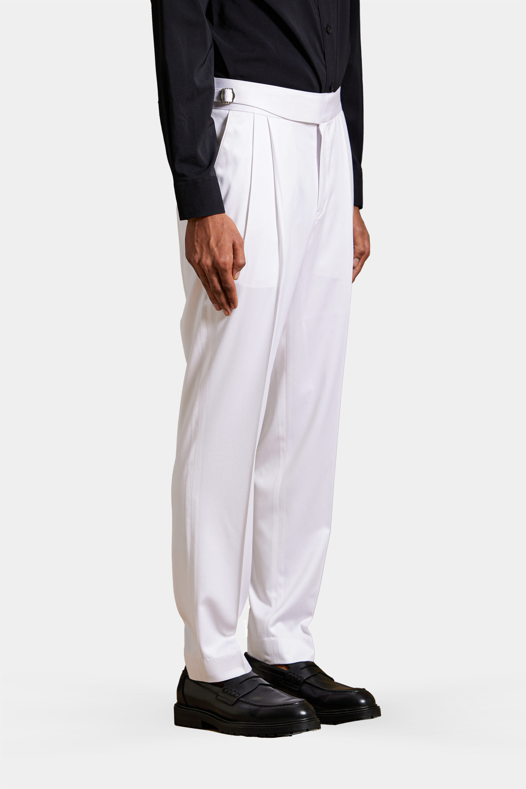White wool pleated trousers with vintage belt loops and double pleats — Shubham Shinde Menswear luxury sartorial trousers for men.