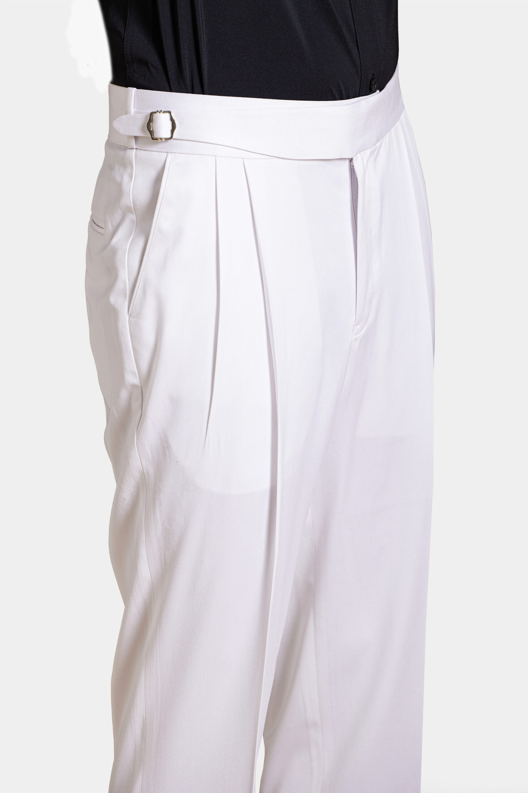 White wool pleated trousers with vintage belt loops and double pleats — Shubham Shinde Menswear luxury sartorial trousers for men.