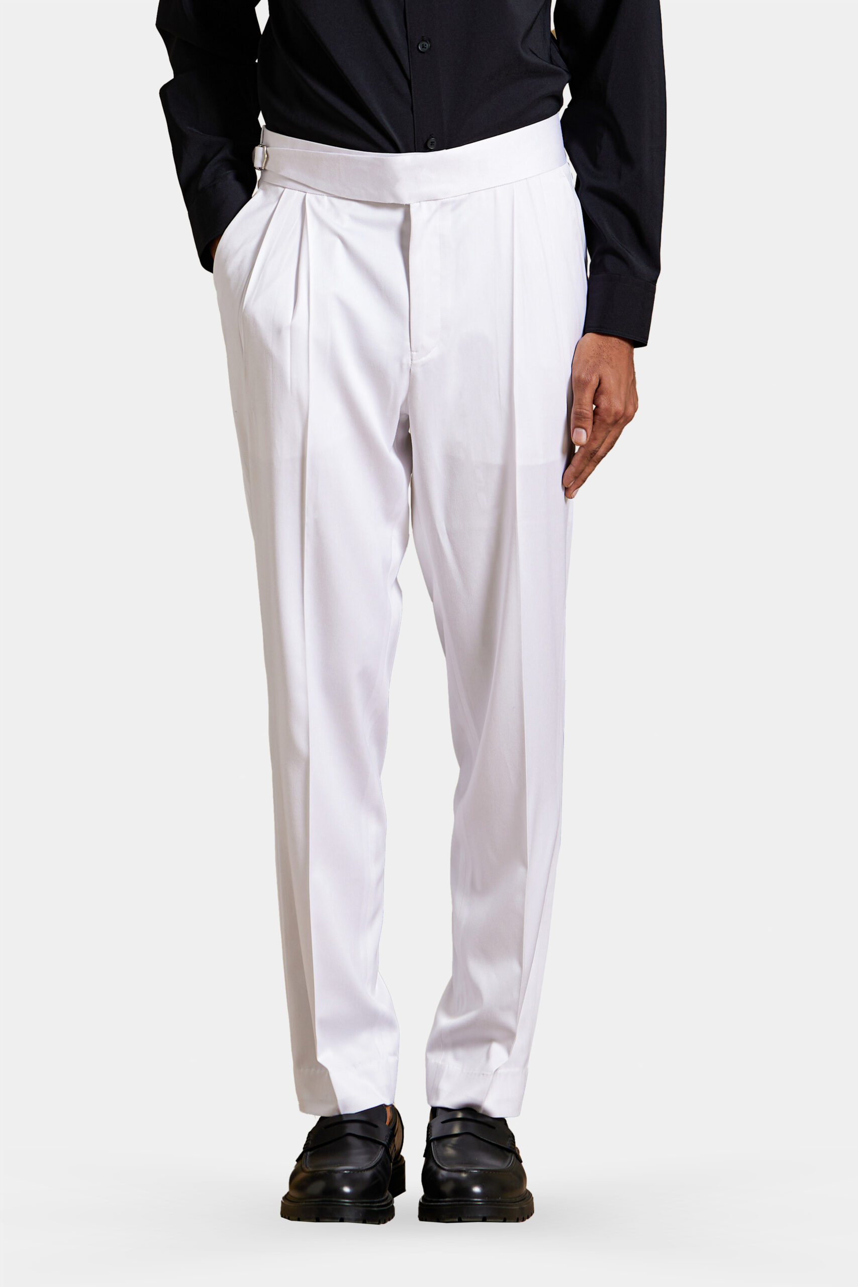 White wool pleated trousers with vintage belt loops and double pleats — Shubham Shinde Menswear luxury sartorial trousers for men.