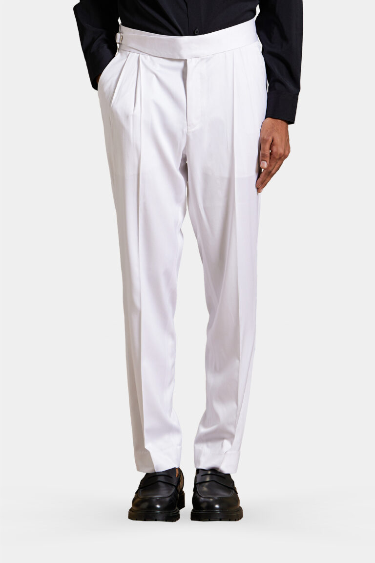 White wool pleated trousers with vintage belt loops and double pleats — Shubham Shinde Menswear luxury sartorial trousers for men.