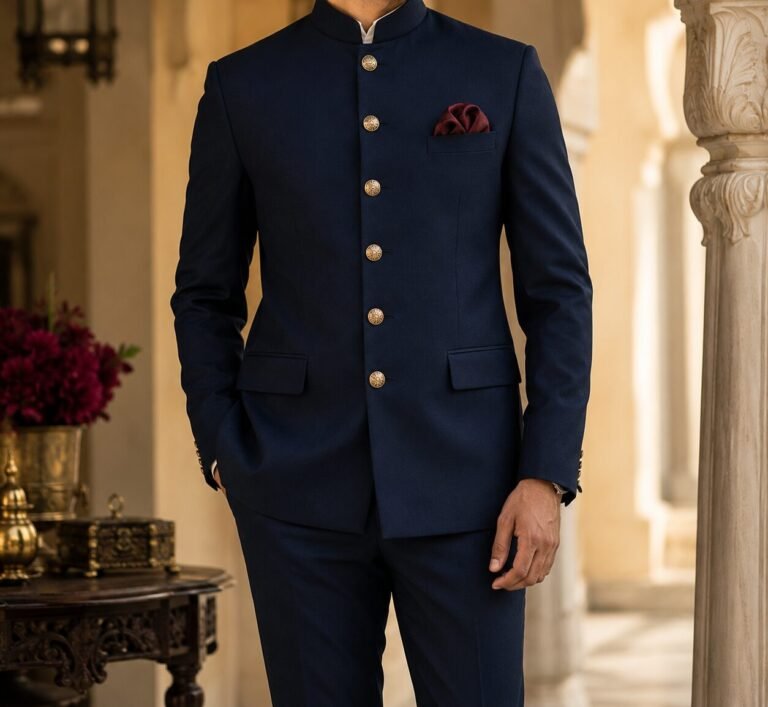 Faceless man wearing a navy Bandhgala Jodhpuri suit in a luxurious heritage interior