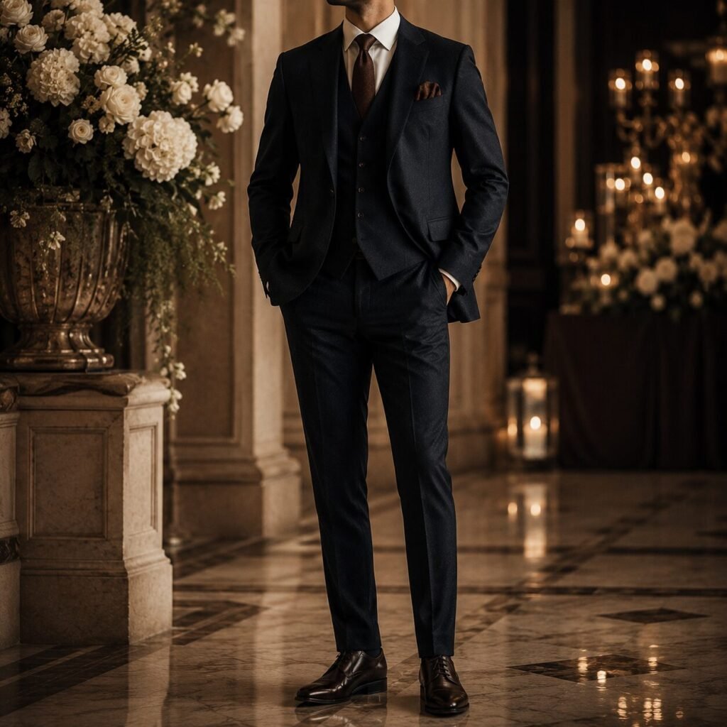 Elegant menswear wedding outfit with refined tailored suit
