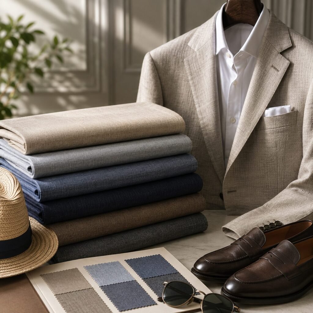 Summer suits for men with lightweight suiting fabrics, linen jacket, loafers and fabric swatches