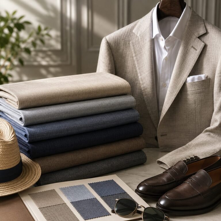 Summer suits for men with lightweight suiting fabrics, linen jacket, loafers and fabric swatches
