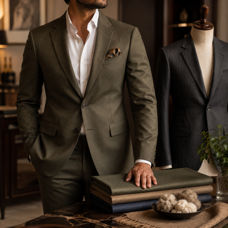 Faceless man in a tailored olive wool suit with premium fabric swatches in a luxury tailoring atelier