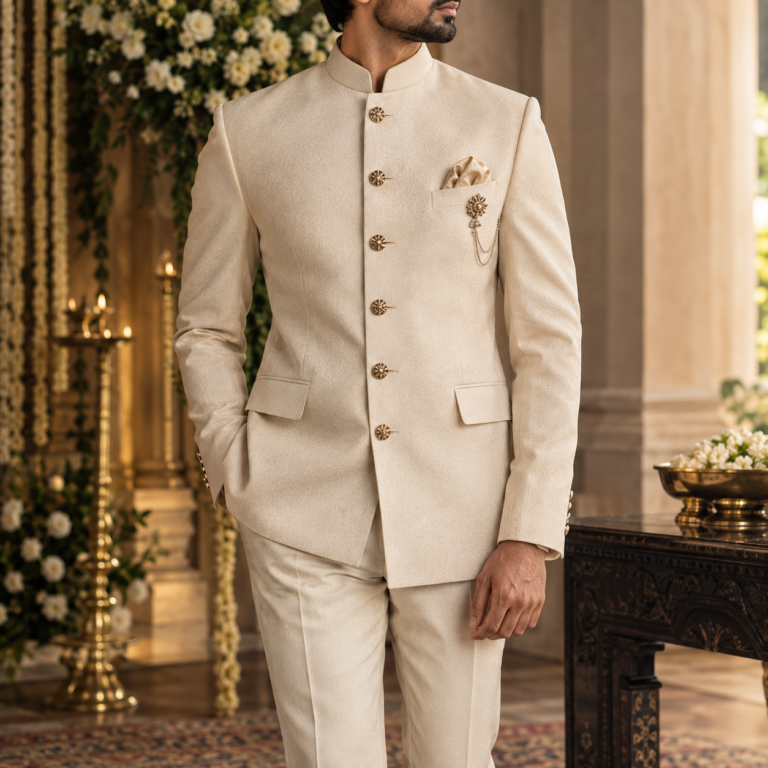 Faceless groom wearing an ivory Bandhgala suit with gold buttons at a traditional wedding venue